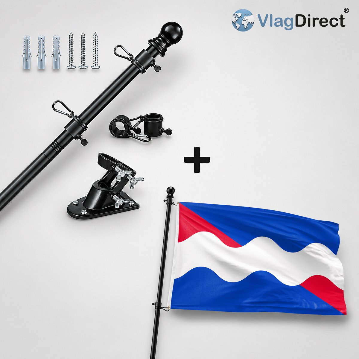 VlagDirect - Compleet vlaggenpakket - Zwarte vlaggenstok inclusief vlaggenstokhouder + Roerdalen vlag - Gemeente Roerdalen vlag - 90 x 150 cm.