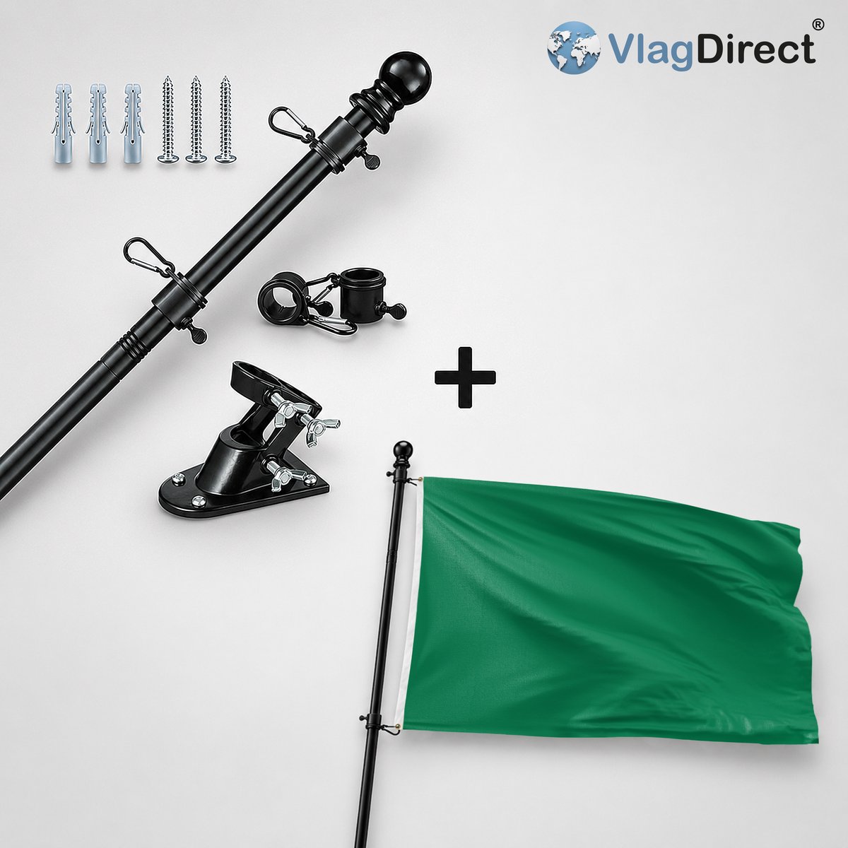 VlagDirect - Compleet vlaggenpakket - Zwarte vlaggenstok inclusief vlaggenstokhouder + Groene vlag - Groene thema vlag - 90 x 150 cm.