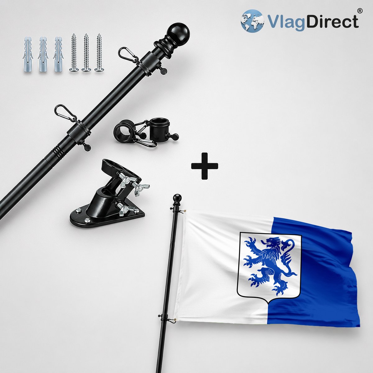 VlagDirect - Compleet vlaggenpakket - Zwarte vlaggenstok inclusief vlaggenstokhouder + Gemeente Modave vlag - 90 x 150 cm.