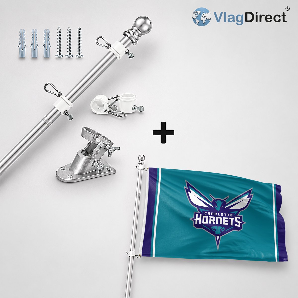 VlagDirect - Compleet vlaggenpakket - Zilveren vlaggenstok inclusief vlaggenstokhouder + Charlotte Hornets vlag - Charlotte Hornets basketbal team vlag - 90 x 150 cm.