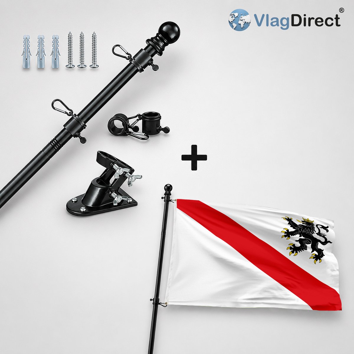 VlagDirect - Compleet vlaggenpakket - Zwarte vlaggenstok inclusief vlaggenstokhouder + Gemeente Courcelles vlag - 90 x 150 cm.
