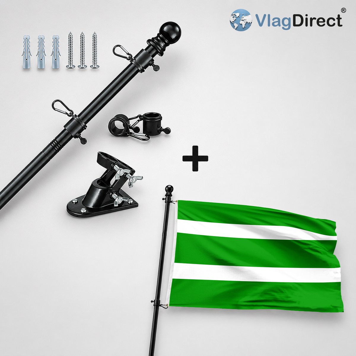 VlagDirect - Compleet vlaggenpakket - Zwarte vlaggenstok inclusief vlaggenstokhouder + Gemeente Hotton vlag - 90 x 150 cm.
