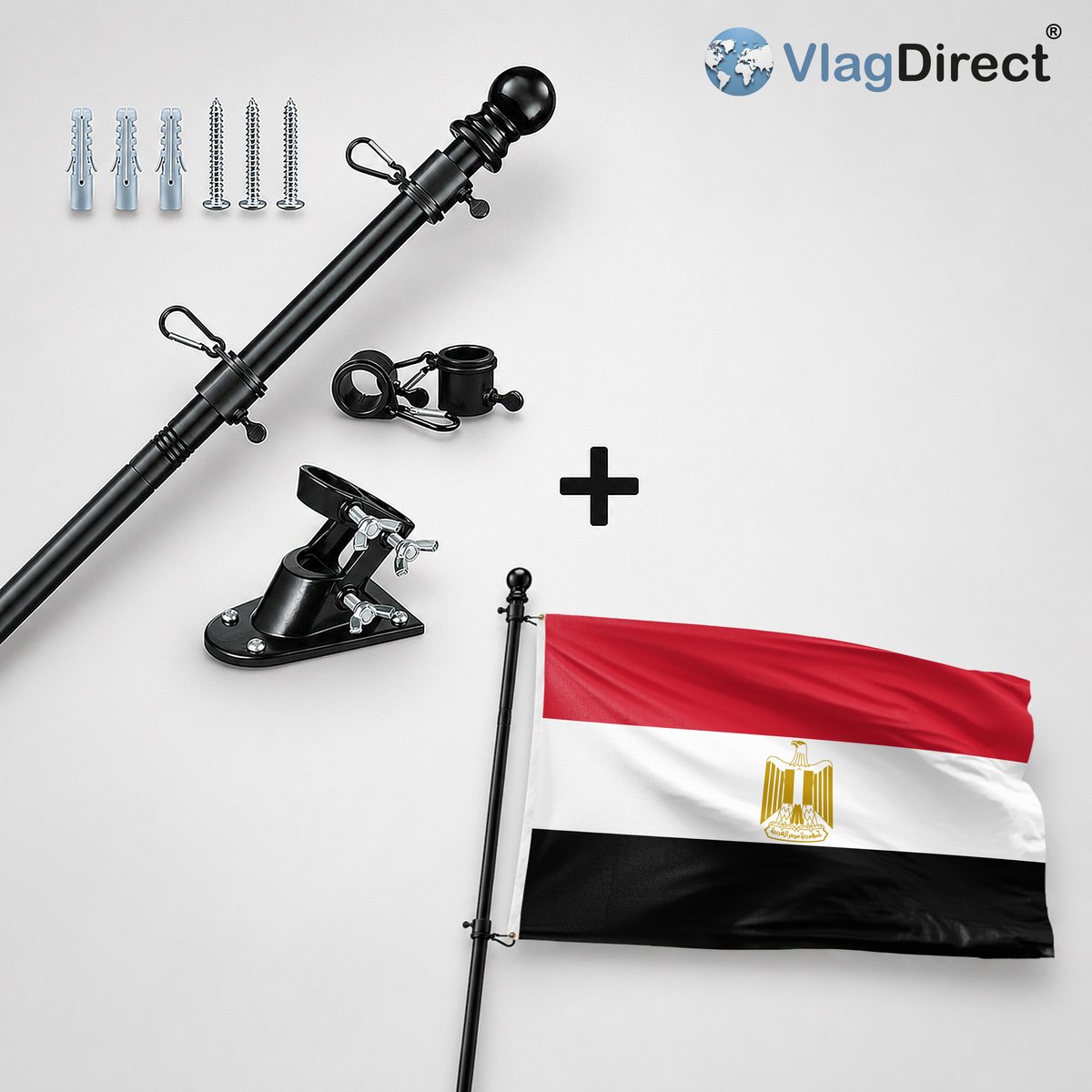 VlagDirect - Compleet vlaggenpakket - Zwarte vlaggenstok inclusief vlaggenstokhouder + Egyptische vlag - Egypte vlag - 90 x 150 cm.