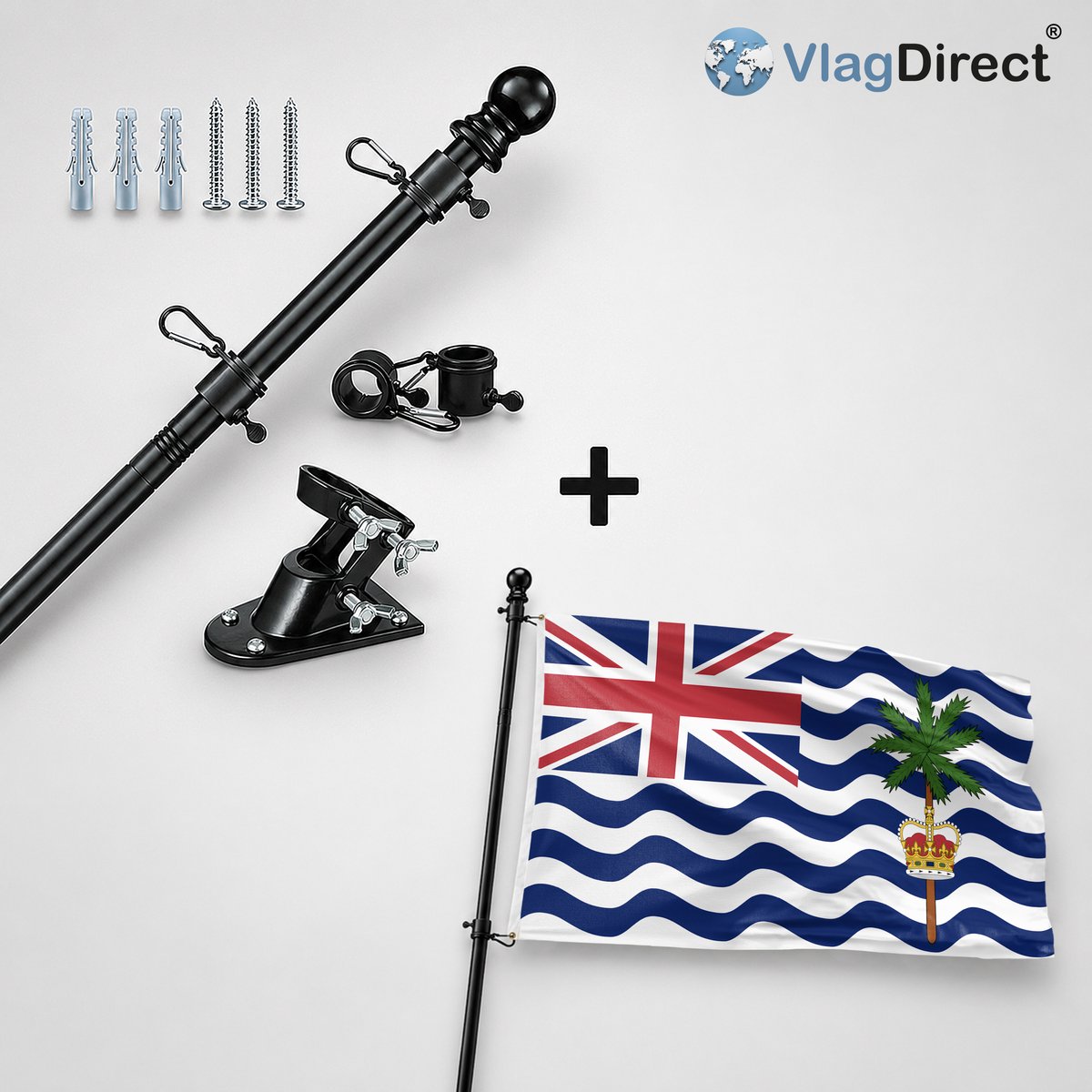 VlagDirect - Compleet vlaggenpakket - Zwarte vlaggenstok inclusief vlaggenstokhouder + Brits Indische Oceaanterritorium vlag - Brits Indische Oceaanterritorium vlag - 90 x 150 cm.