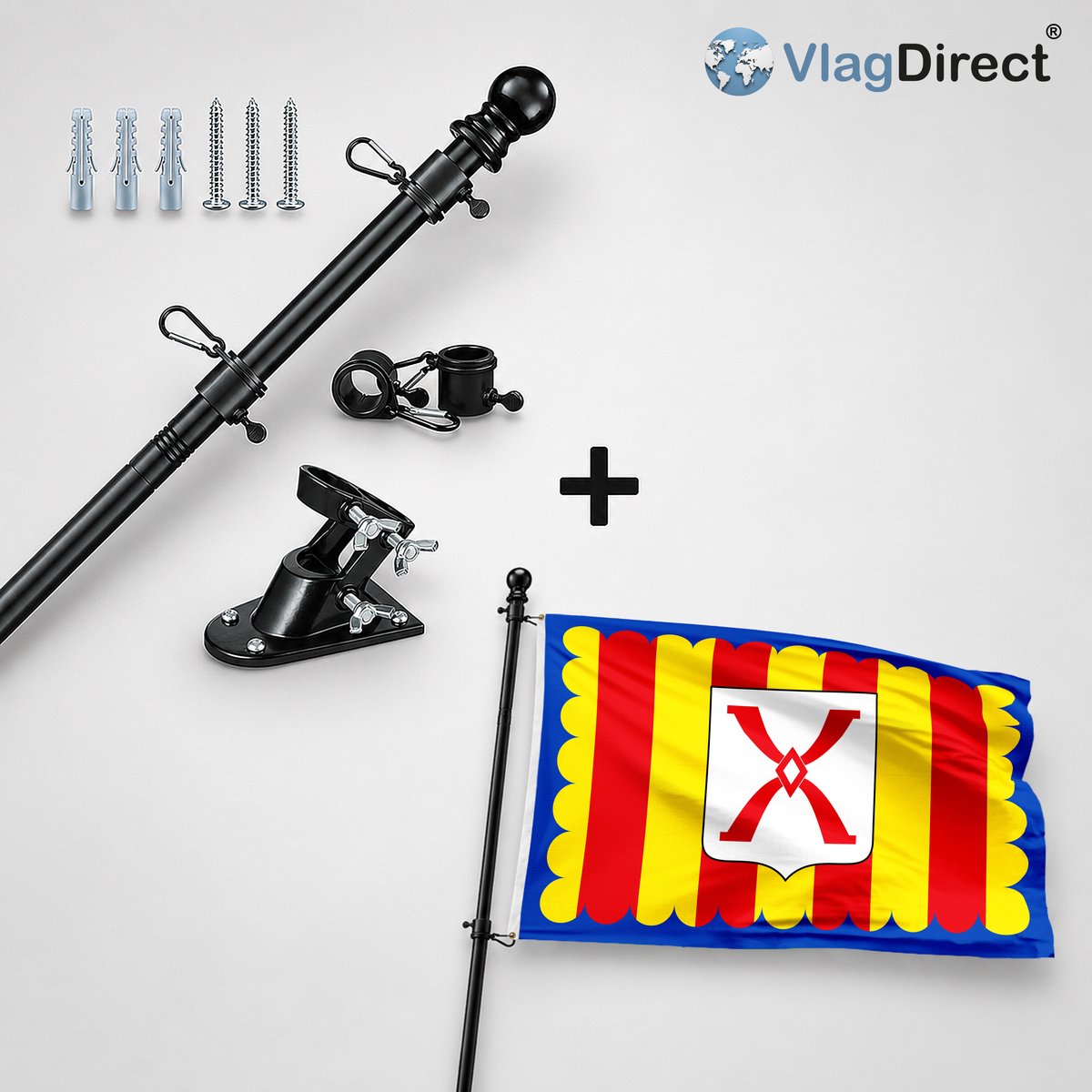 VlagDirect - Compleet vlaggenpakket - Zwarte vlaggenstok inclusief vlaggenstokhouder + Gemeente Ham-sur-Heure-Nalinnes vlag - 90 x 150 cm.