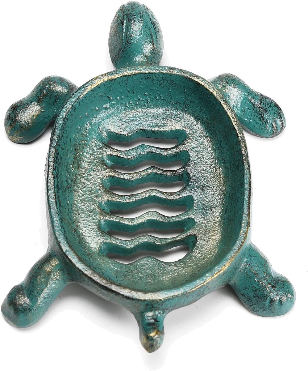 Green Turtle Drainable Soap Dish Holder - Cast Iron Antique Vintage Soap Dish for Kitchen Bathroom - ShopVlot