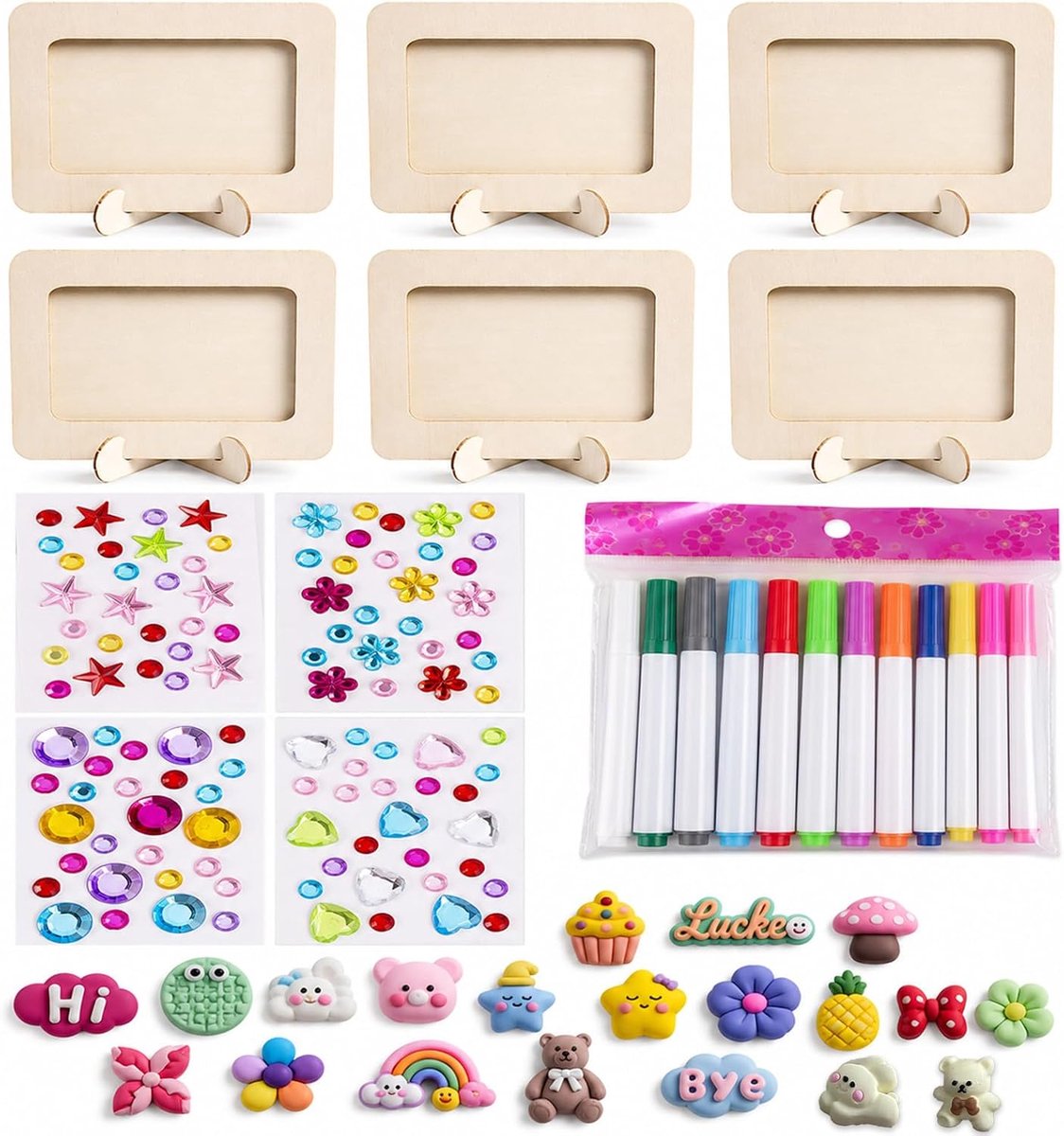 6 stuks houten fotolijst om te beschilderen, doe-het-zelf houten fotolijstset met glittersteentjes, 3D-stickers en 12 - ShopVlot