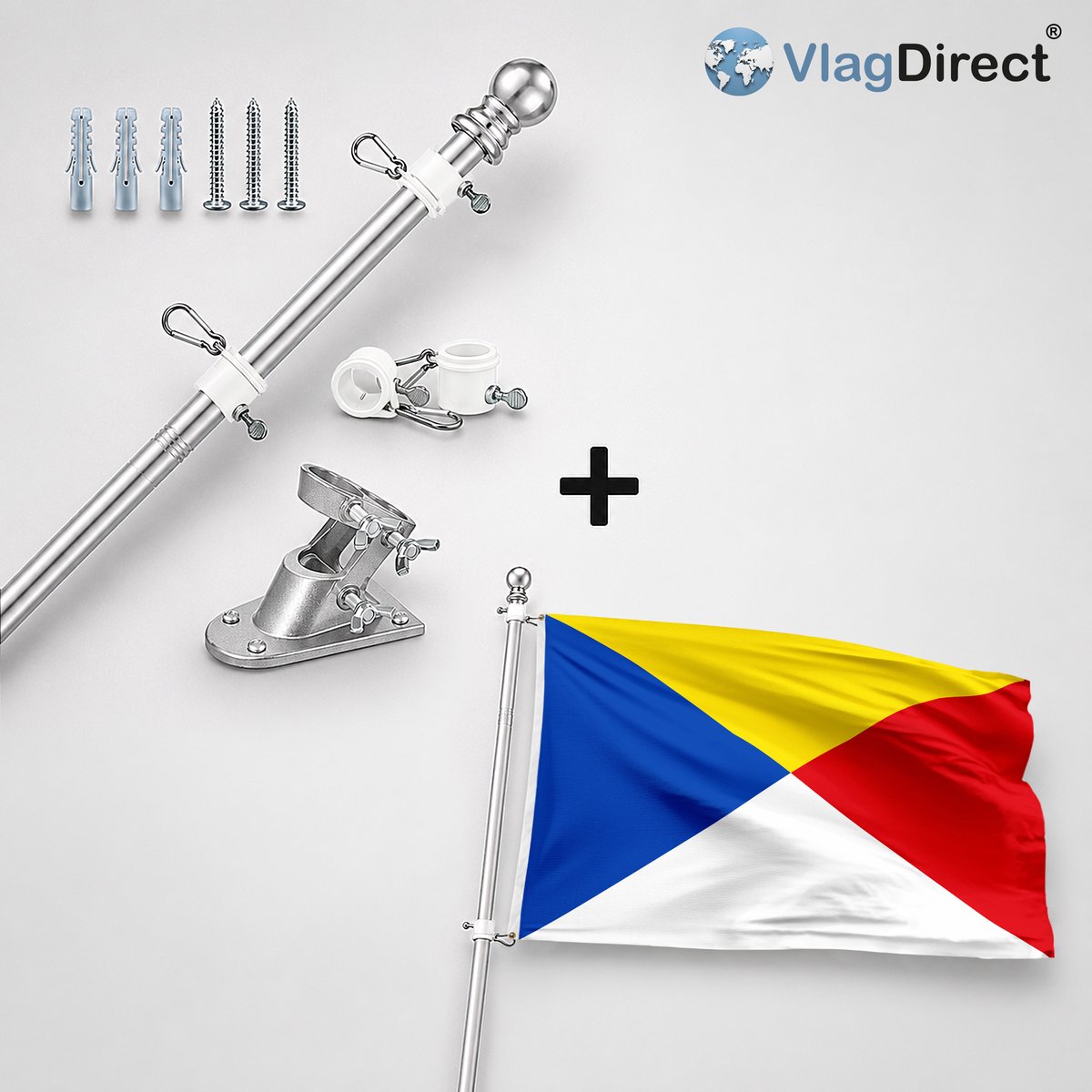 VlagDirect - Compleet vlaggenpakket - Zilveren vlaggenstok inclusief vlaggenstokhouder + Wuustwezelse vlag - Gemeente Wuustwezel vlag - 90 x 150 cm.