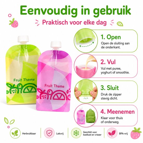 Consumerce® Hervulbare Knijpzakjes - 4 Stuks - Knijpfruit en Babyvoeding Zakjes - Herbruikbaar - Knijpfruitzakjes - Baby Voeding - Babyvoeding Bewaarzakjes - Doseerdoosjes - Bewaarbakjes - Moedermelk Bewaarflesjes van Consumerce — afbeelding 4