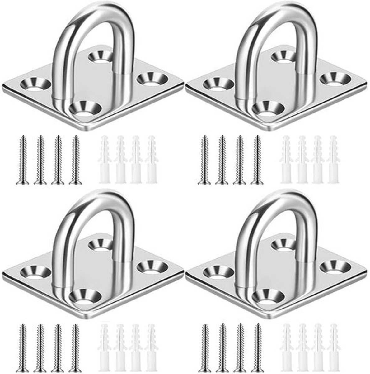Pad Eye Plate - Heavy Duty - 4 Stuks - 304 Roestvrij Staal - Beugel voor Hangmat - Muur/Plafond Bevestiging - Inclusief Schroeven en Ankers - Haak