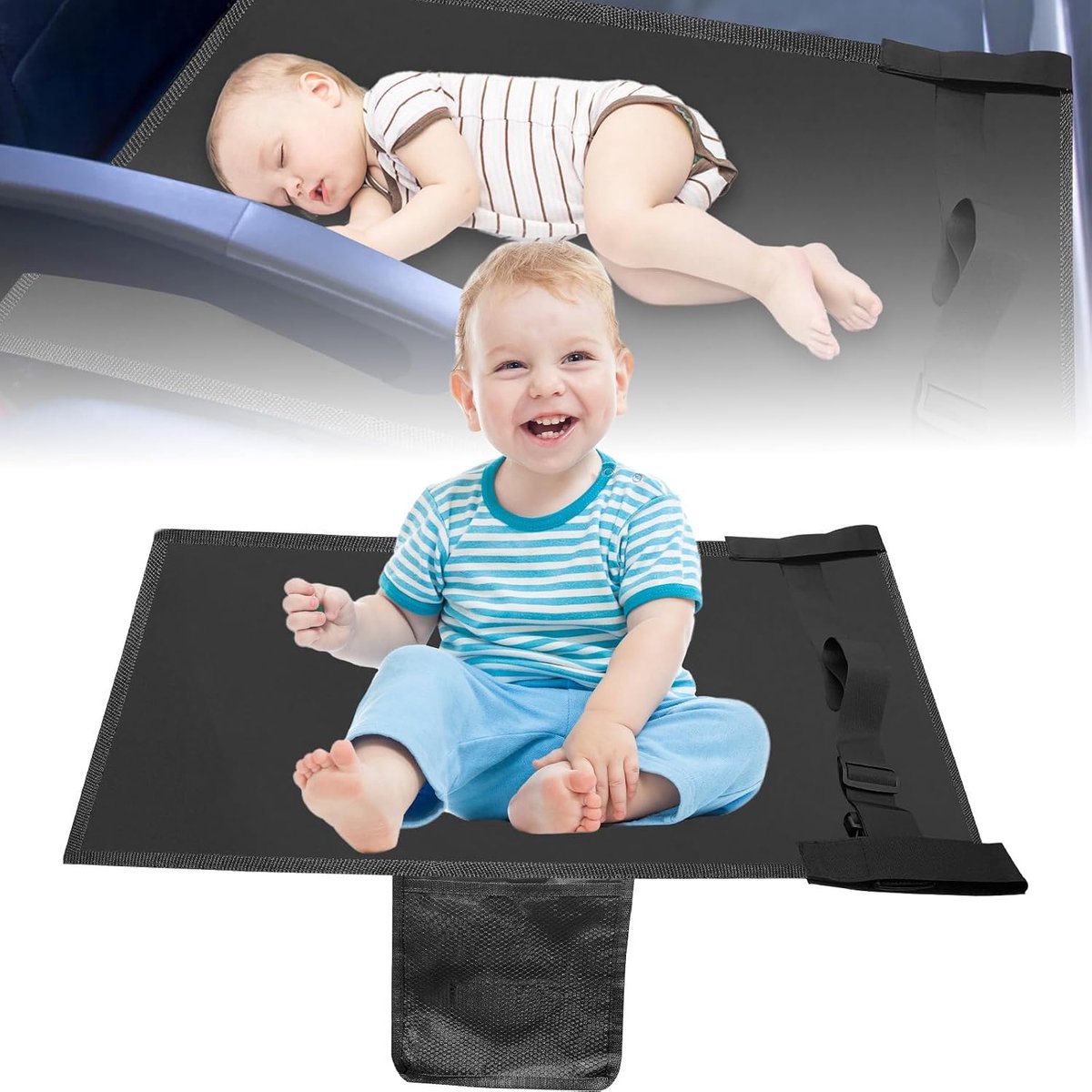 Voetensteun voor kinderen in het vliegtuig 76×42cm Zwart, Kinderbedje voor in het vliegtuig, Draagbaar babybedverlengstuk, Lichtgewicht en opvouwbaar, Liggen en rusten, voor autoritten, korte reizen