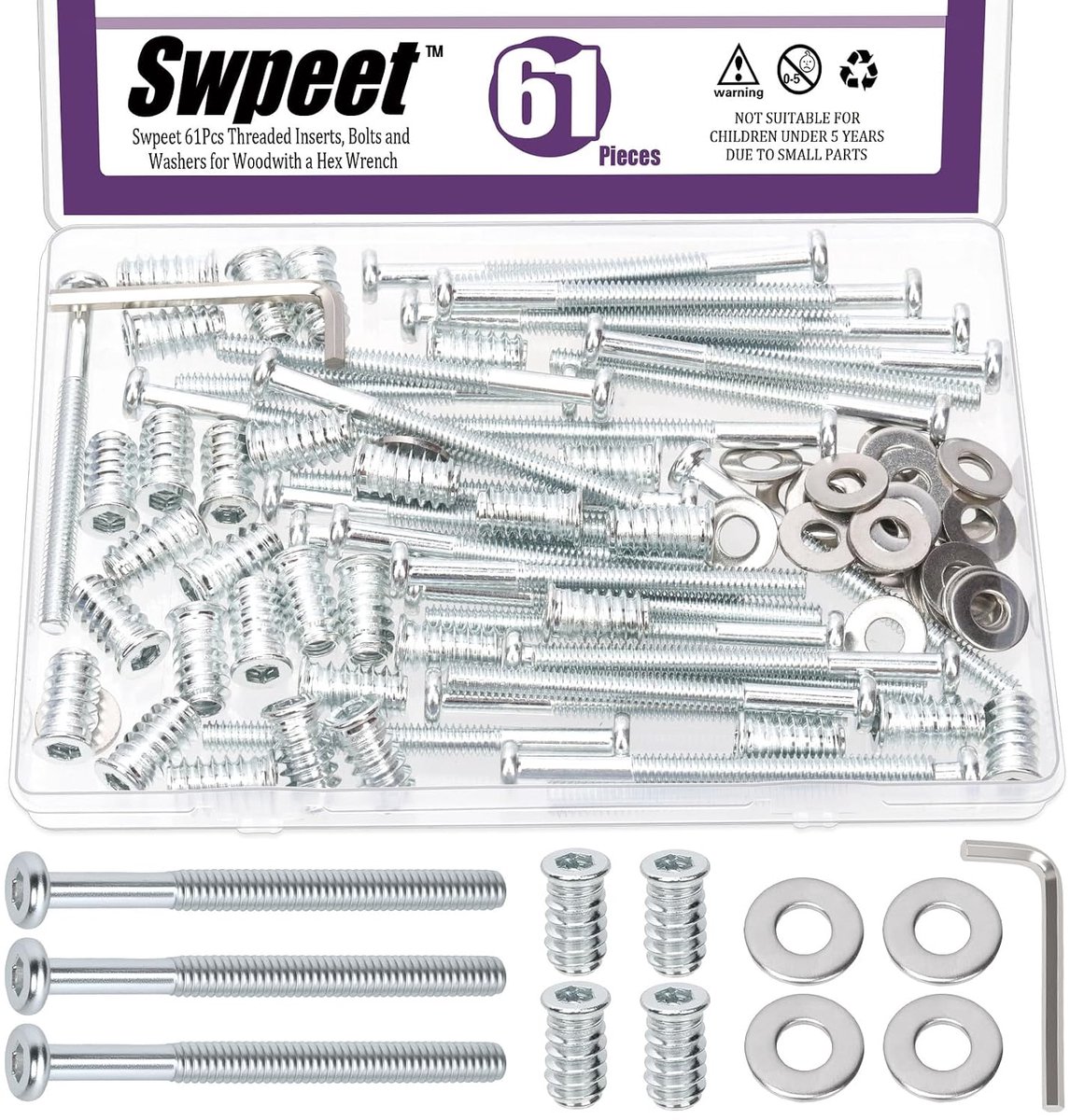 Threaded inserts en bouten set 1/4-20 - wit vergalvaniseerd - 61-delig - ideaal voor meubelreparatie - ShopVlot
