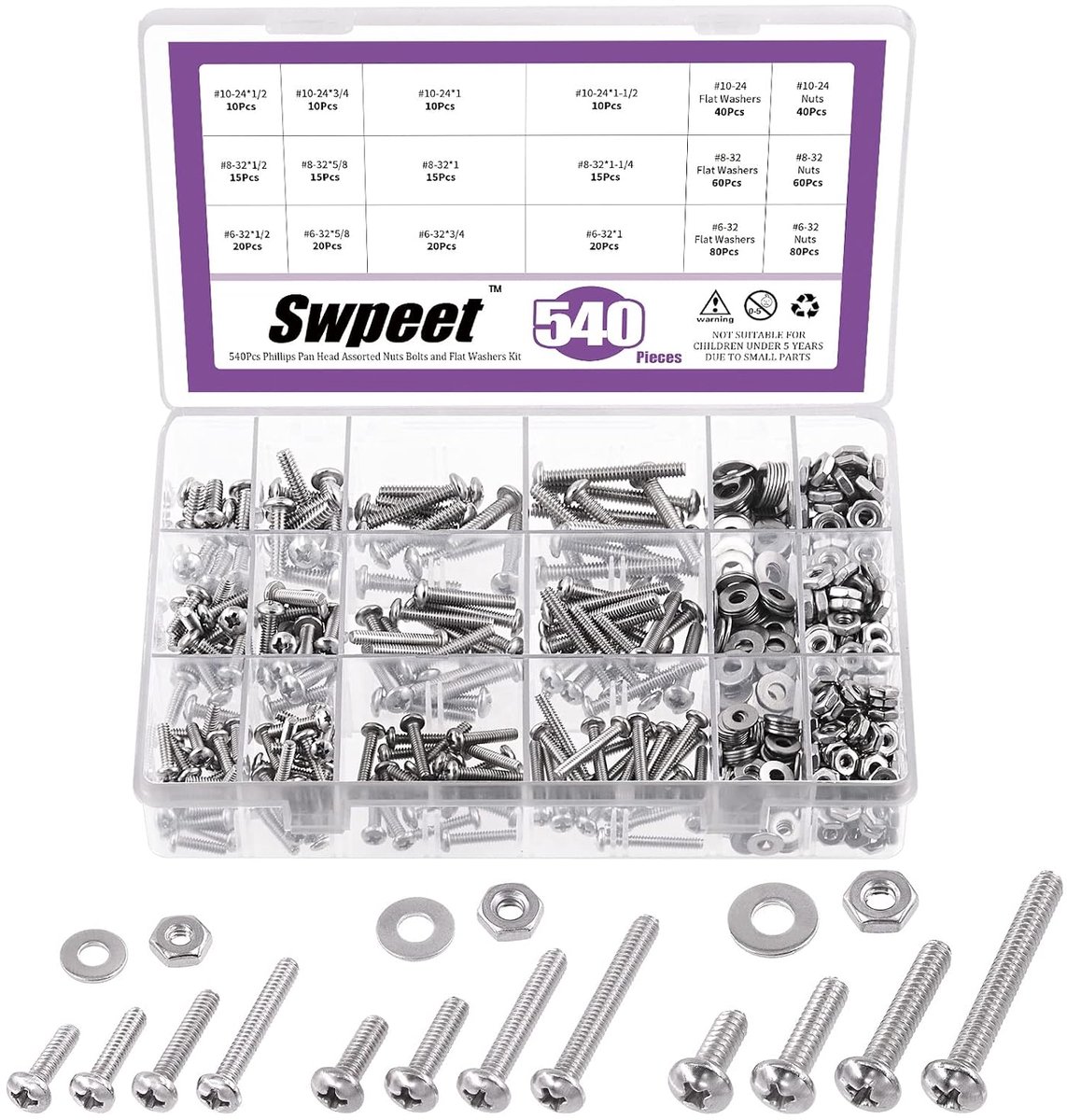 Machine schroeven 540 stuks - RVS 304 - Met moeren en vlakke ringetjes - Perfect voor thuisgebruik - ShopVlot