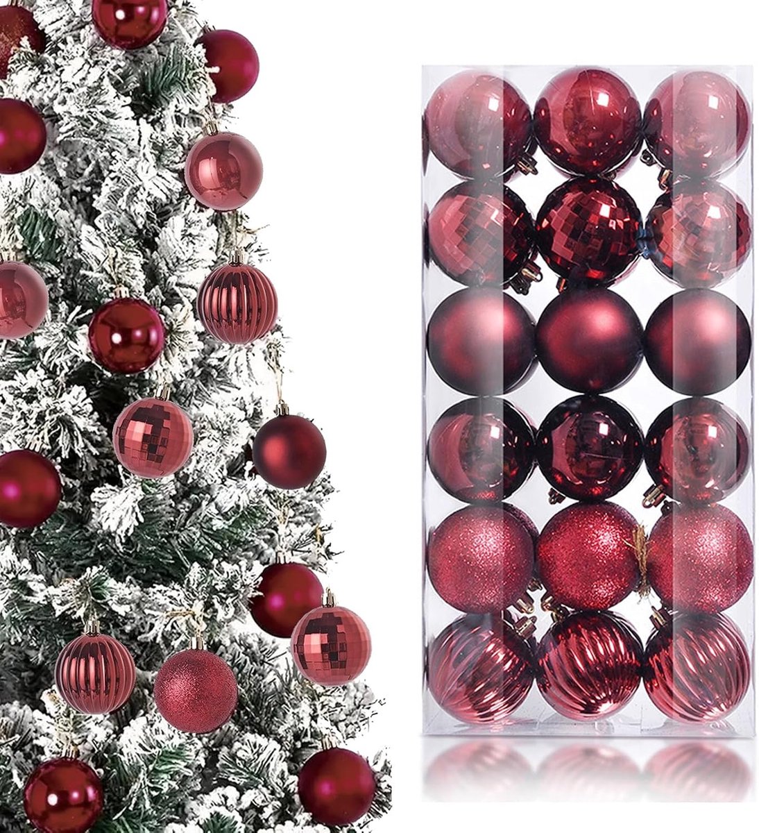 Kerstballen 3cm - Bourgondisch Rood - 36 Stuks - Diverse Afwerkingen - Perfect voor Kerstboomdecoratie - ShopVlot