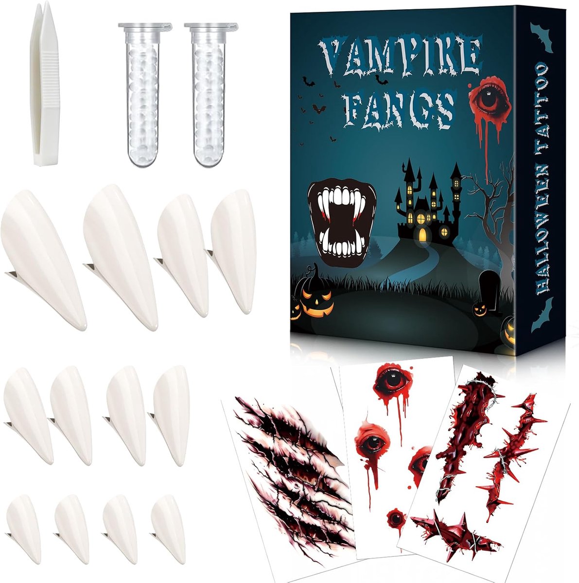 Vampire Tooth 6 Pairs of Vampire Teeth, 3 Halloween Tattoos, 2 Vampire Teeth Glue Tubes, Tooth Vampire for Adults and - ShopVlot