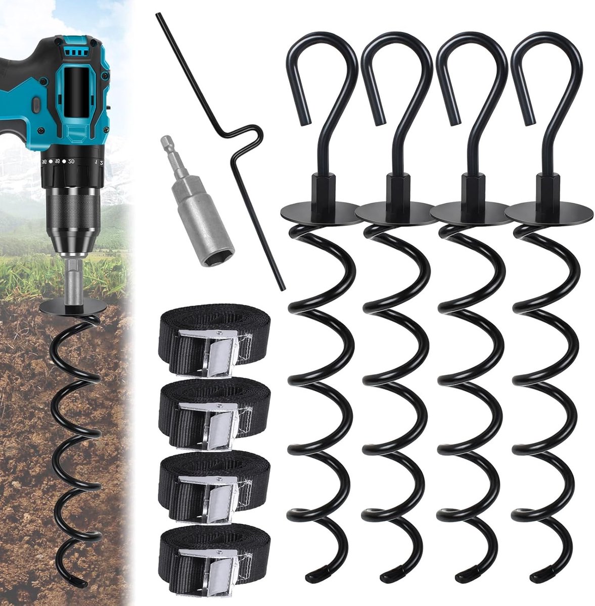 10 pieces ground anchor set, 4 trampoline ground anchors + 4 adjustable straps with buckles + drill adapter + twist - ShopVlot