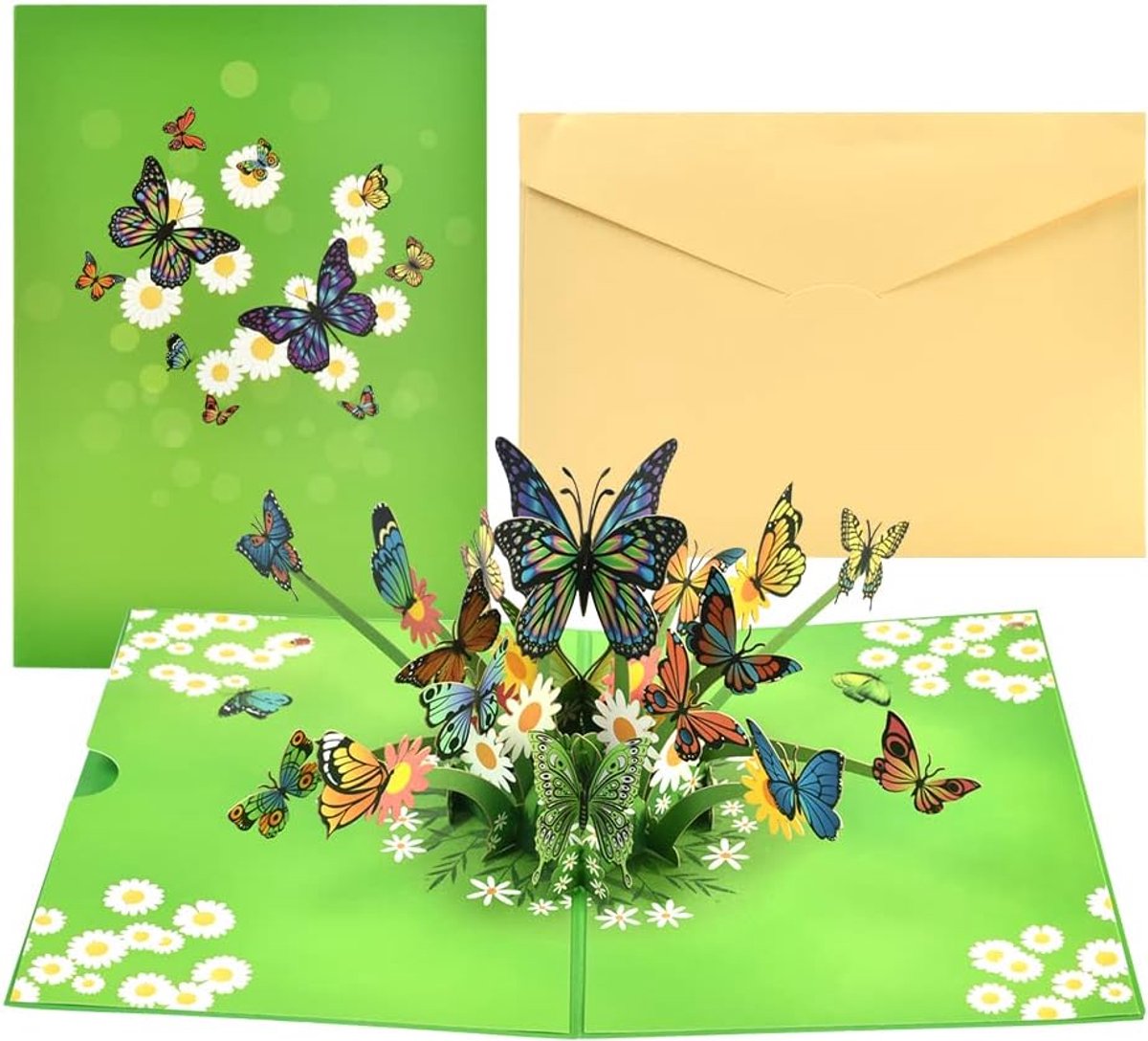 Pop-up verjaardagskaart 3D vlinder - groene bloemen - voor dankbetuigingen - ShopVlot
