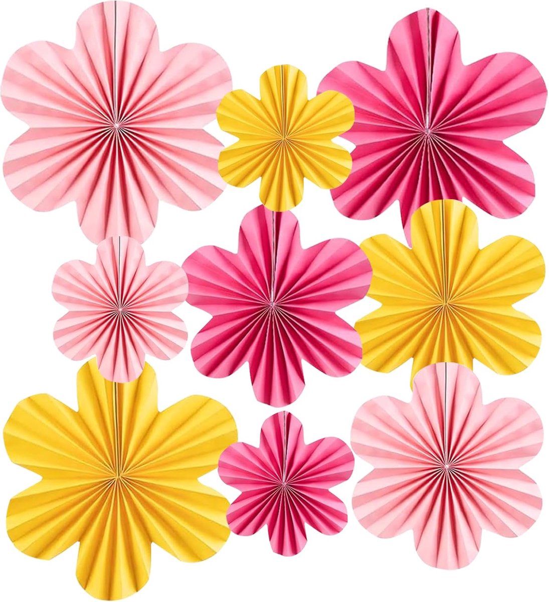 Papieren Ventilator Set 9 Stuks - Diverse Maten - Roze en Geel - Perfect voor Verjaardagsfeestjes - ShopVlot