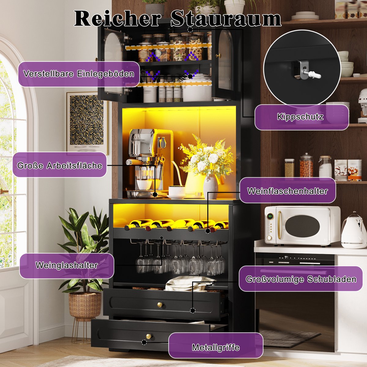 DESMIU Kast - Hoogkast Met Glazen Deuren En LED Verlichting - Voor Woonkamer Keuken En Eetkamer - MDF En Metaal - Zwart - 70x40x180 Cm