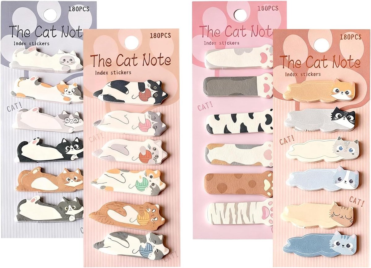 Zelfklevende notities kattenvorm - 4 verpakkingen - 180 vellen per verpakking - schattige dierenmotieven voor notities - ShopVlot