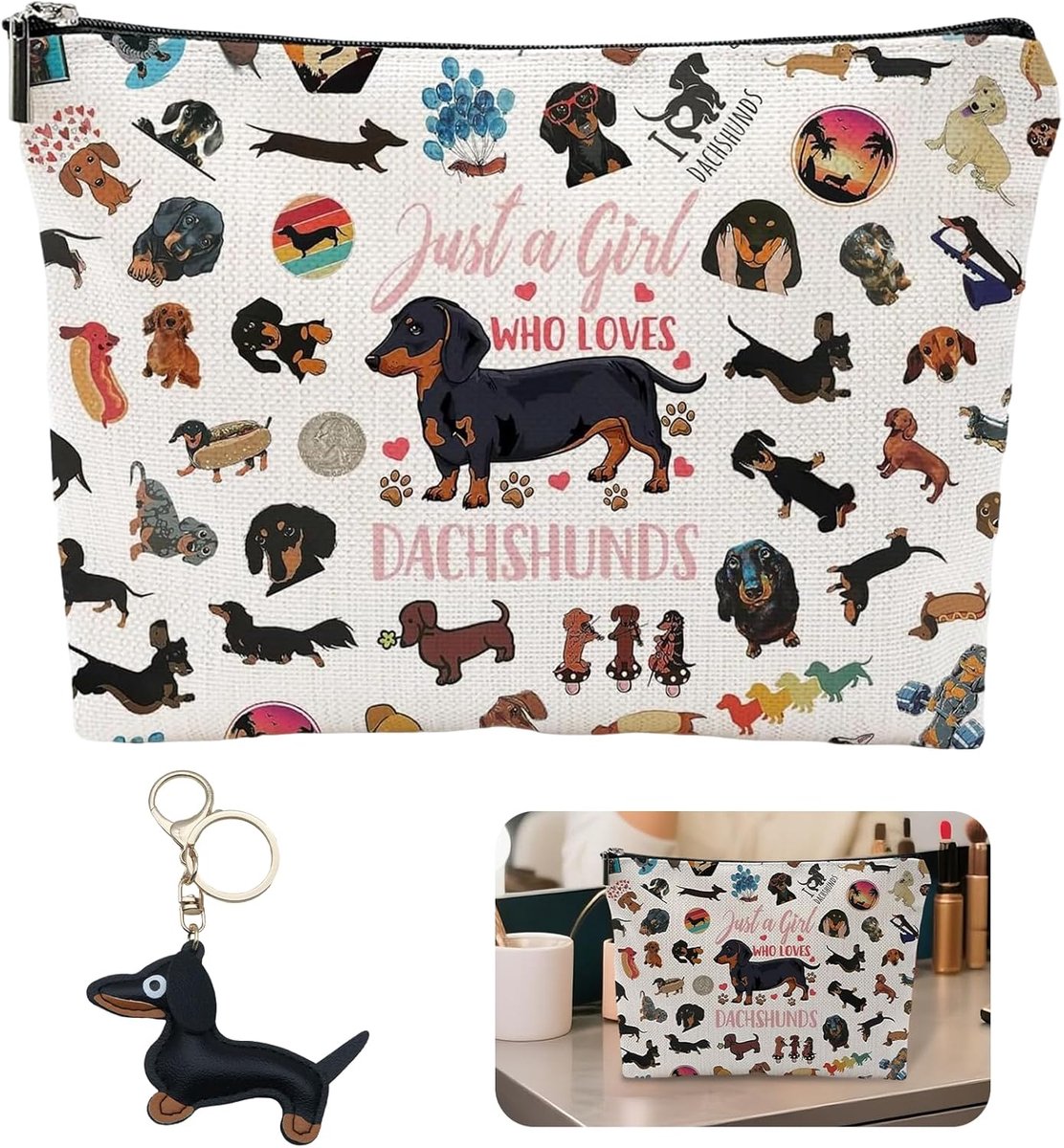 Makeup tas voor meisjes - Dachshund ontwerp - Inclusief sleutelhanger - Perfect voor dierenliefhebbers - ShopVlot