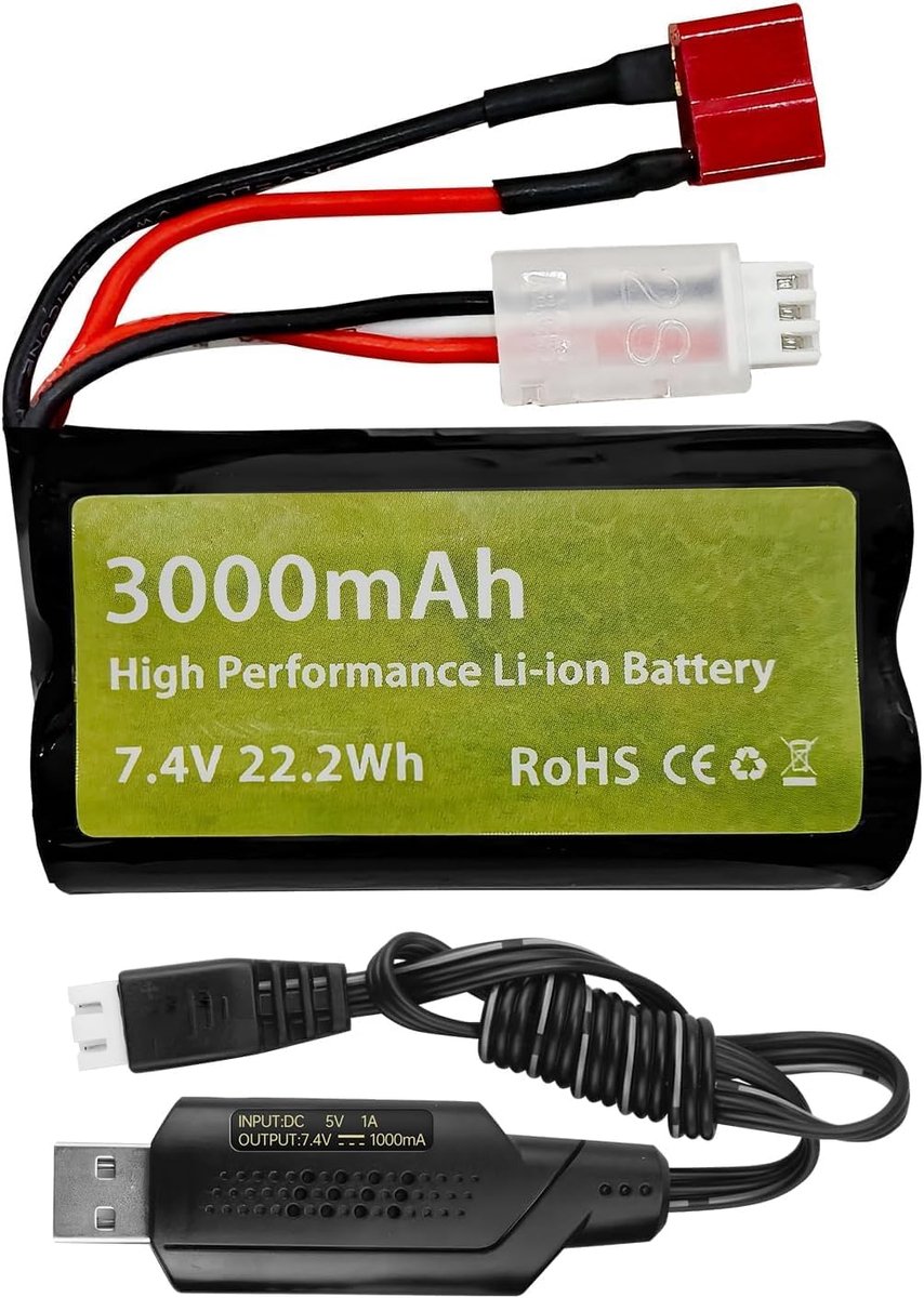 7.4V 3000mAh Li-ion Battery 15C 2S with T-Plug with USB Charging Cable for WLtoys 12423 MJX 14301 14302 14303 H16PL - ShopVlot