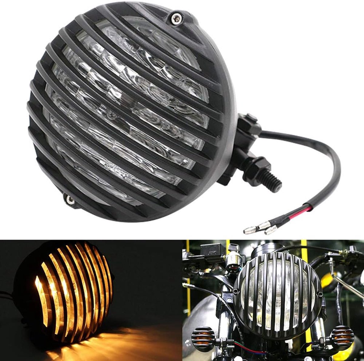 Harley Motorcycle Headlight 5.5 Inch Universal Motorcycle Headlight with Radiator Grill Black Shell Halogen Bulbs 12V - ShopVlot