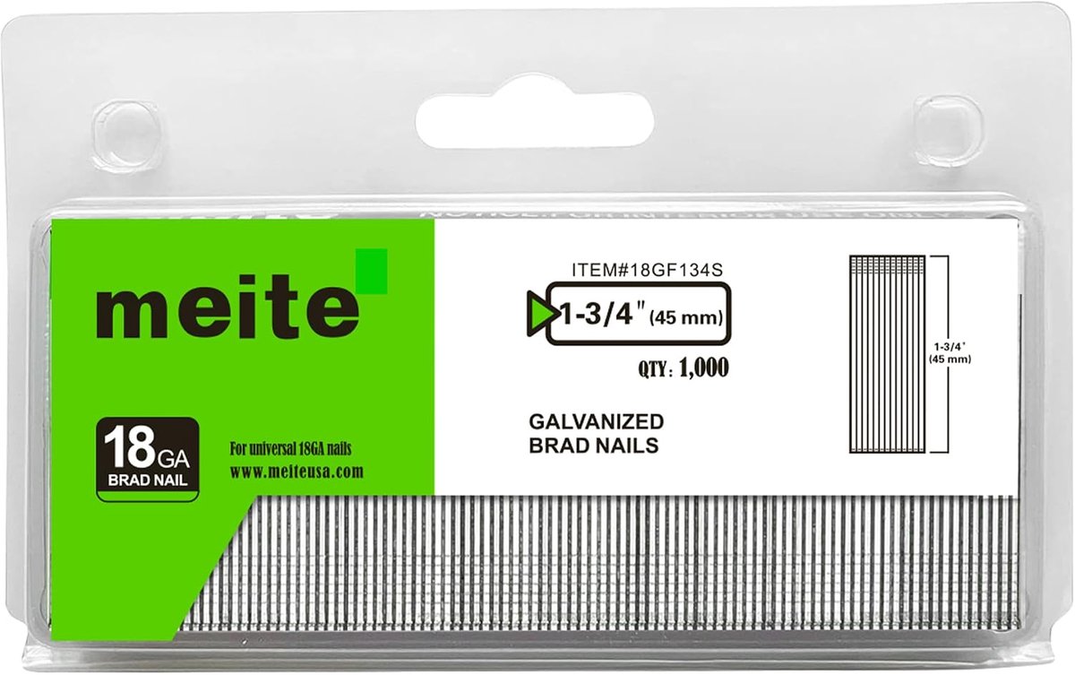 meite Bradnagels 18G/45mm, Galvanized Brad Nails Type 18G for Pneumatic and Electric Brad Nail Gun (1,000 Pieces) - ShopVlot
