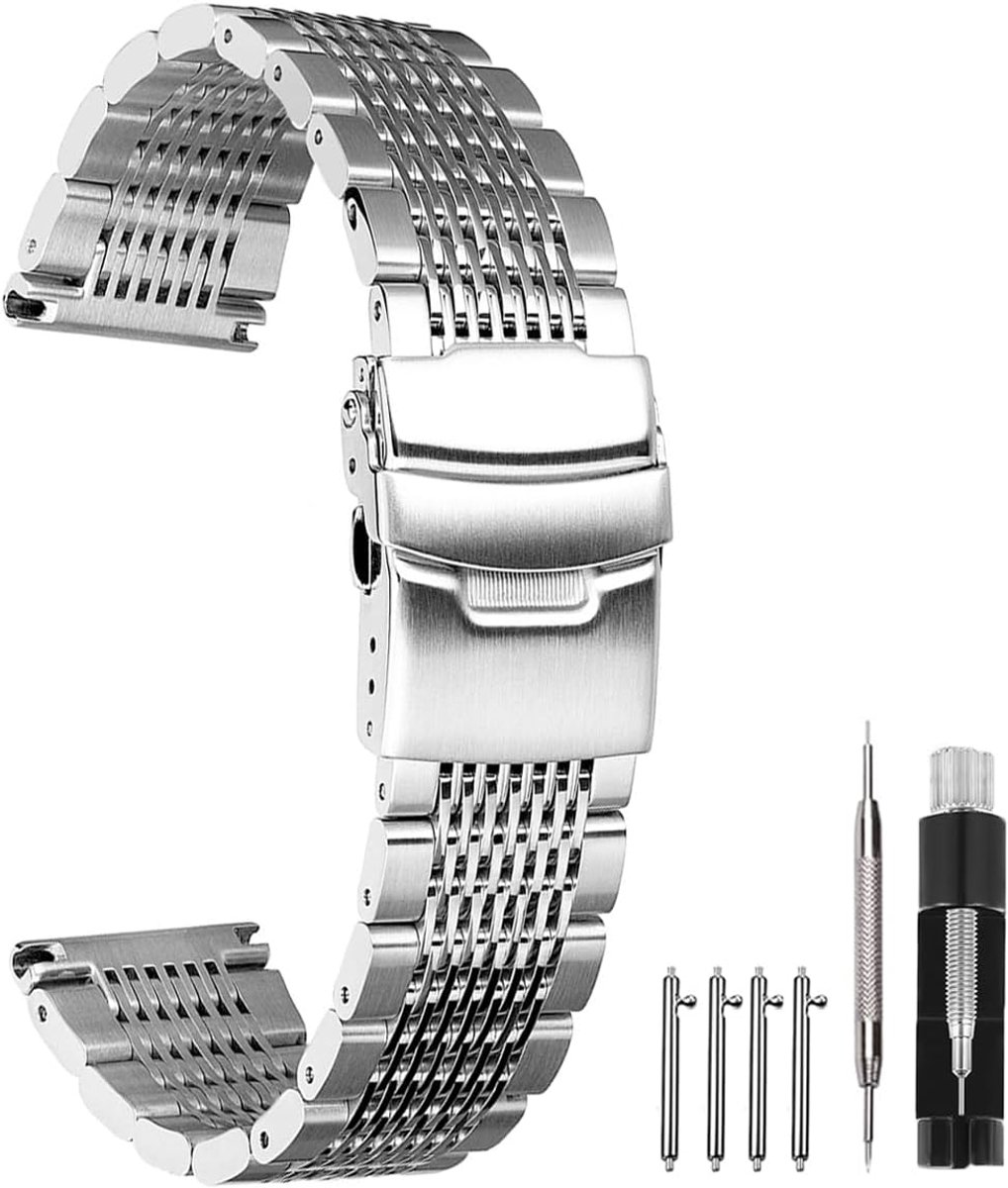 Kai Tian silver black premium stainless steel watch band mesh watch band for men women double clasp folding clasp - ShopVlot