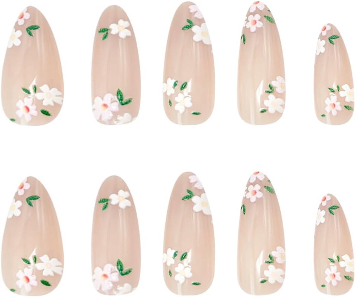 24 Pcs Pink Press On Nails Almond Fake Nails Small Floral Pattern Daisy Pattern for Women DIY Nail Decoration - ShopVlot