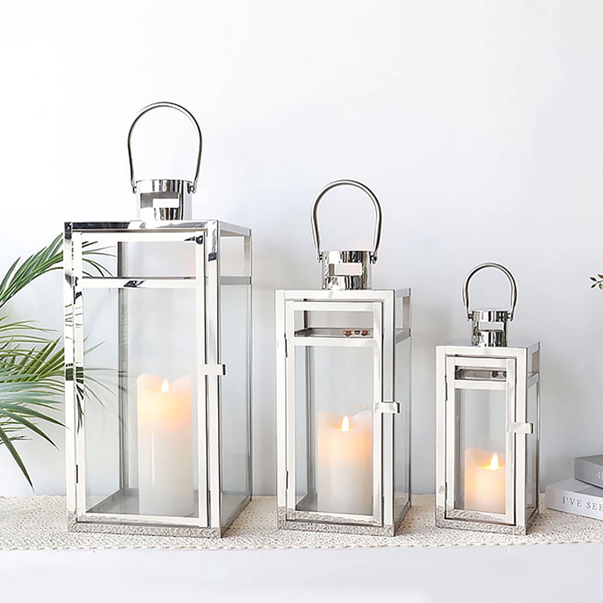 Decoratieve lantaarn set van 3 - RVS met glaspanelen - Hangende houder - Perfect voor binnen en buiten - ShopVlot