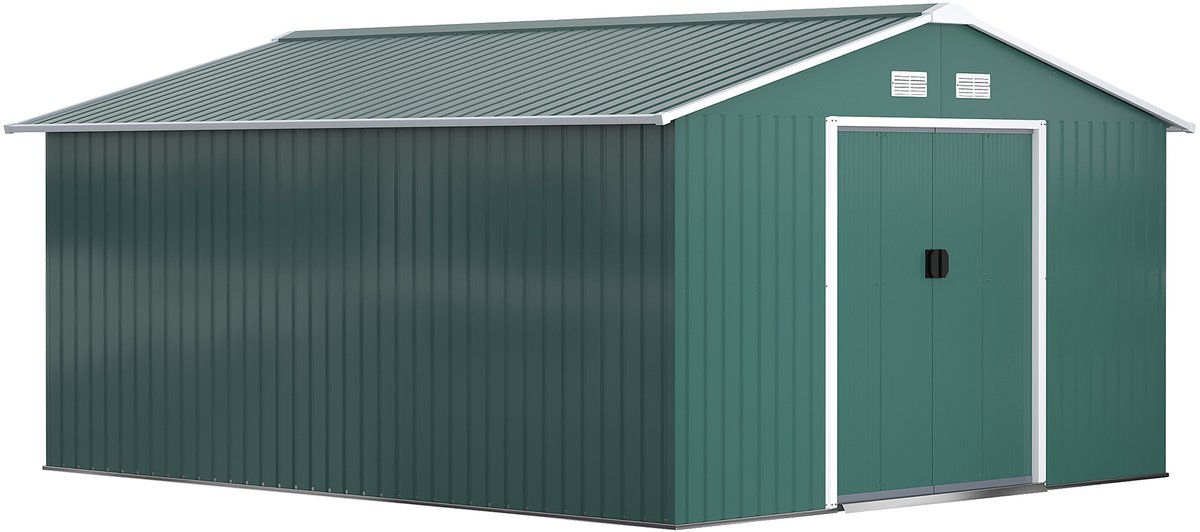 Zubaliya Gereedschapsschuur van staal – schuifdeuren en lessenaarsdak – 340 x 386 x 200 cm – Donkergroen