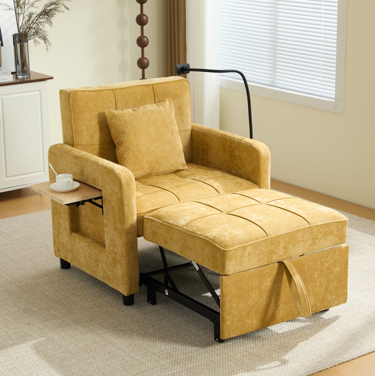 DESMIU Slaapfauteuil 167 X 79 X 83 Cm Verstelbare Rugleuning En Voetensteun Voor Woonkamer En Rustruimte Chenille Mosterdgeel