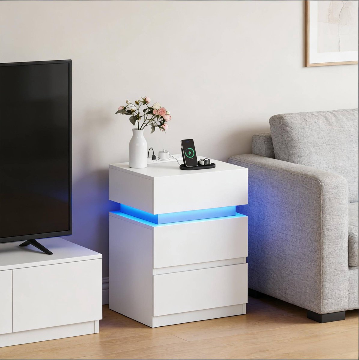 OKWISH Nachtkastje Met LED-Verlichting En Laadstation - 2 Lades - Modern Opbergmeubel Voor Slaapkamer En Woonkamer - Wit - 35x40x55 cm