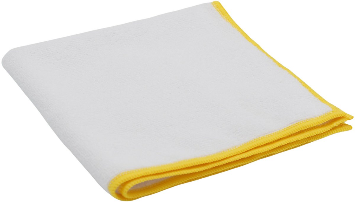 Microvezeldoek Gerecycled ChiaMo.nl Wit met Gele Rand 38 x 38 cm – 5 stuks (83% rPET)