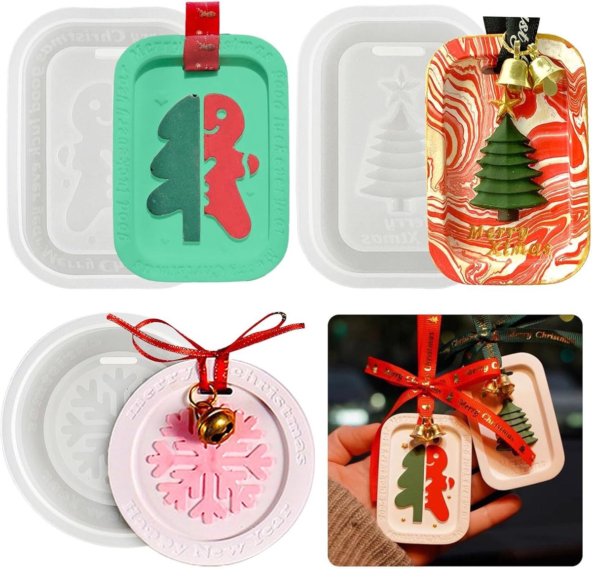 Set van 3 Kerst Silicoon Mallen voor Epoxyhars - Kerstboom, Sneeuwvlokken en Peperkoekman Vormpjes voor Kaarsen en Zeep