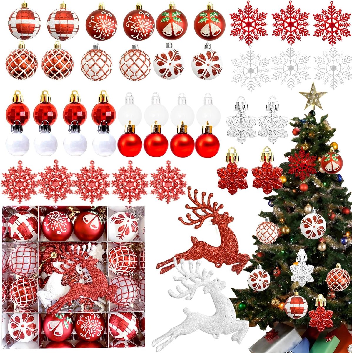 Kerstboomdecoratie set 60 mm - 45 stuks kerstballen ornamenten - sneeuwvlokken en herten - sfeervolle kerstversiering - ShopVlot