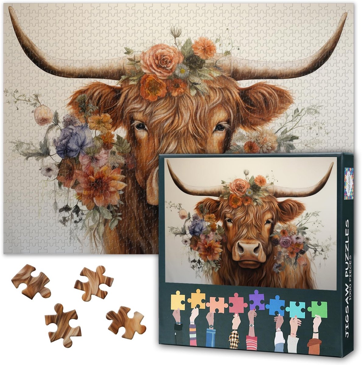 Solidchoice - Koe met Bloemen Puzzel voor Volwassenen, 1000 Stuks