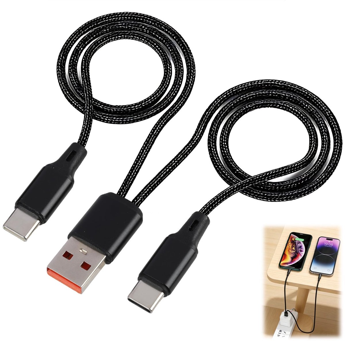 Solidchoice - USB-A naar Dual Type-C Y Kabel 1,2m met Snelle Oplading