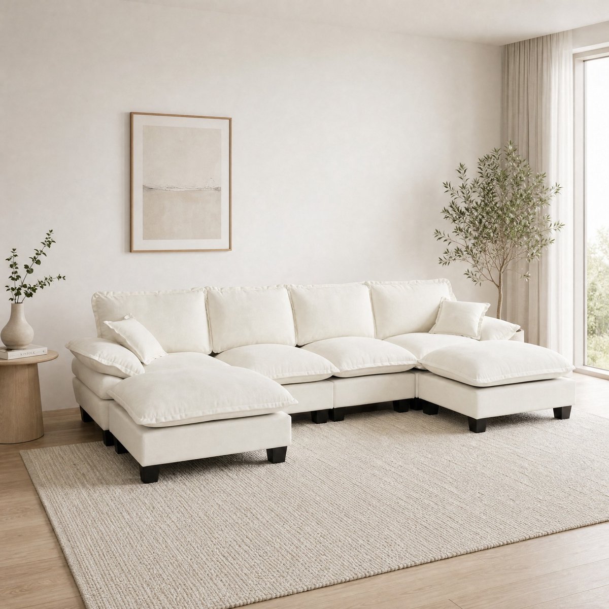 DESMIU Bank - U-Bank 6-Zits - Modulair Met Verplaatsbare Ottomane En Zachte Chenille Bekleding - Voor Woonkamer En Appartement - Beige