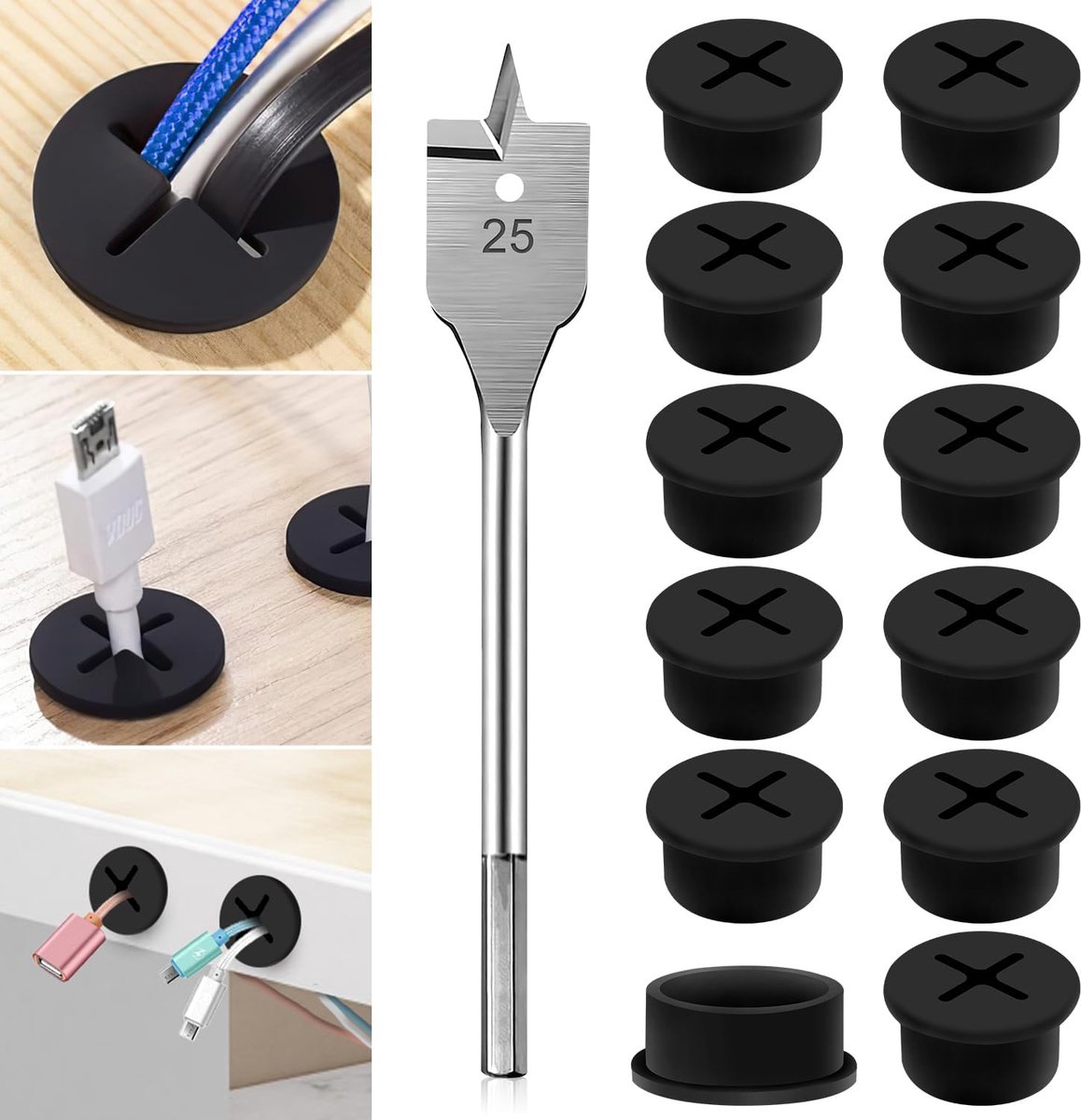 Kabeldoorvoer desk 25mm - Flexibele silicone - 12 stuks (zwart) - Geschikt voor kantoor en thuis - ShopVlot