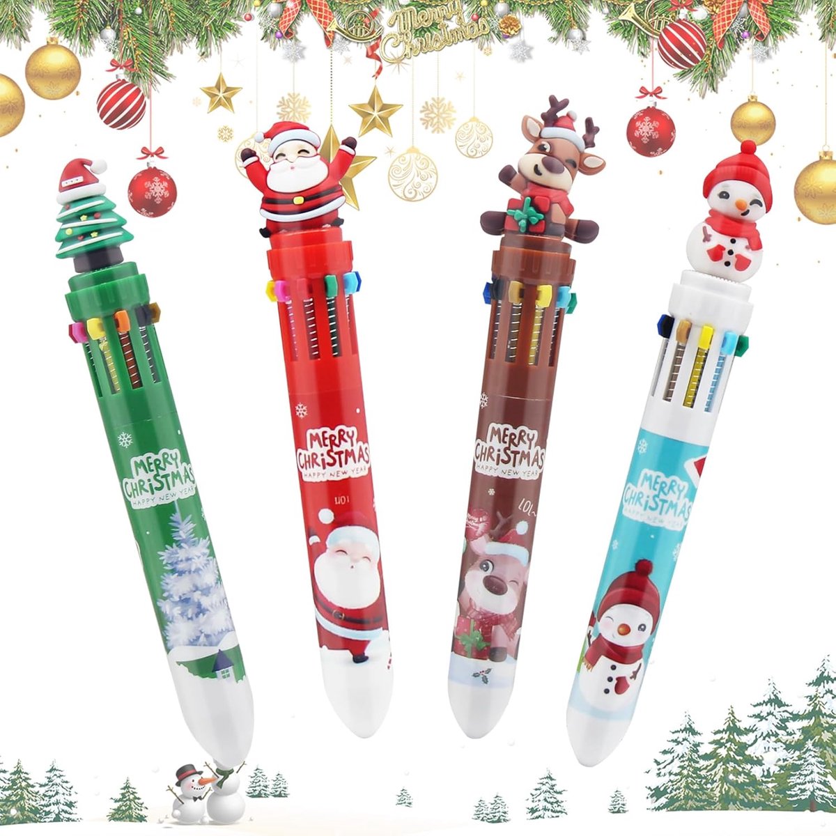 Kleurvolle kerst balpen 10-in-1 - Handmatige drukpen - Perfect voor school en kantoor - ShopVlot