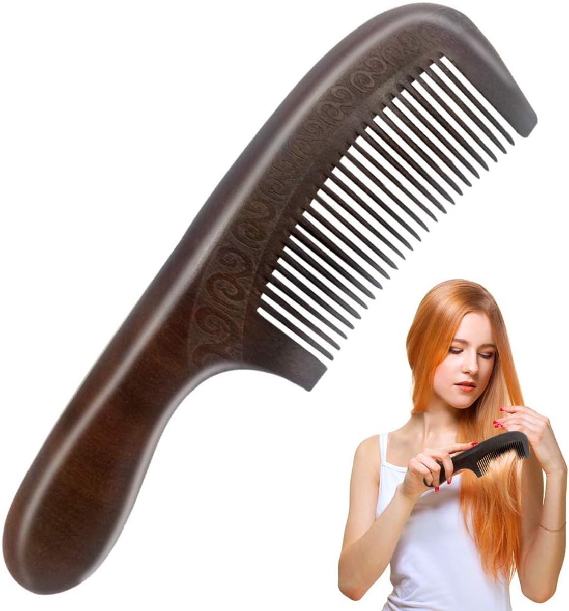 Houten haarborstel met handvat - perzikhout - dubbelzijdig gegraveerd - stimuleert haargroei - ShopVlot
