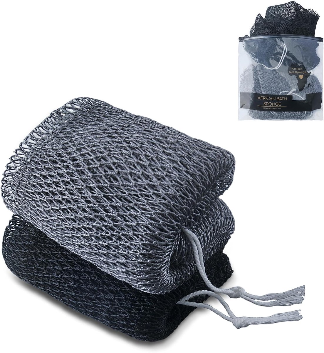Badspons 2pc zwart grijs - Exfoliërende badspons met nylon rugreiniger - Reklengte tot 114 cm - ShopVlot