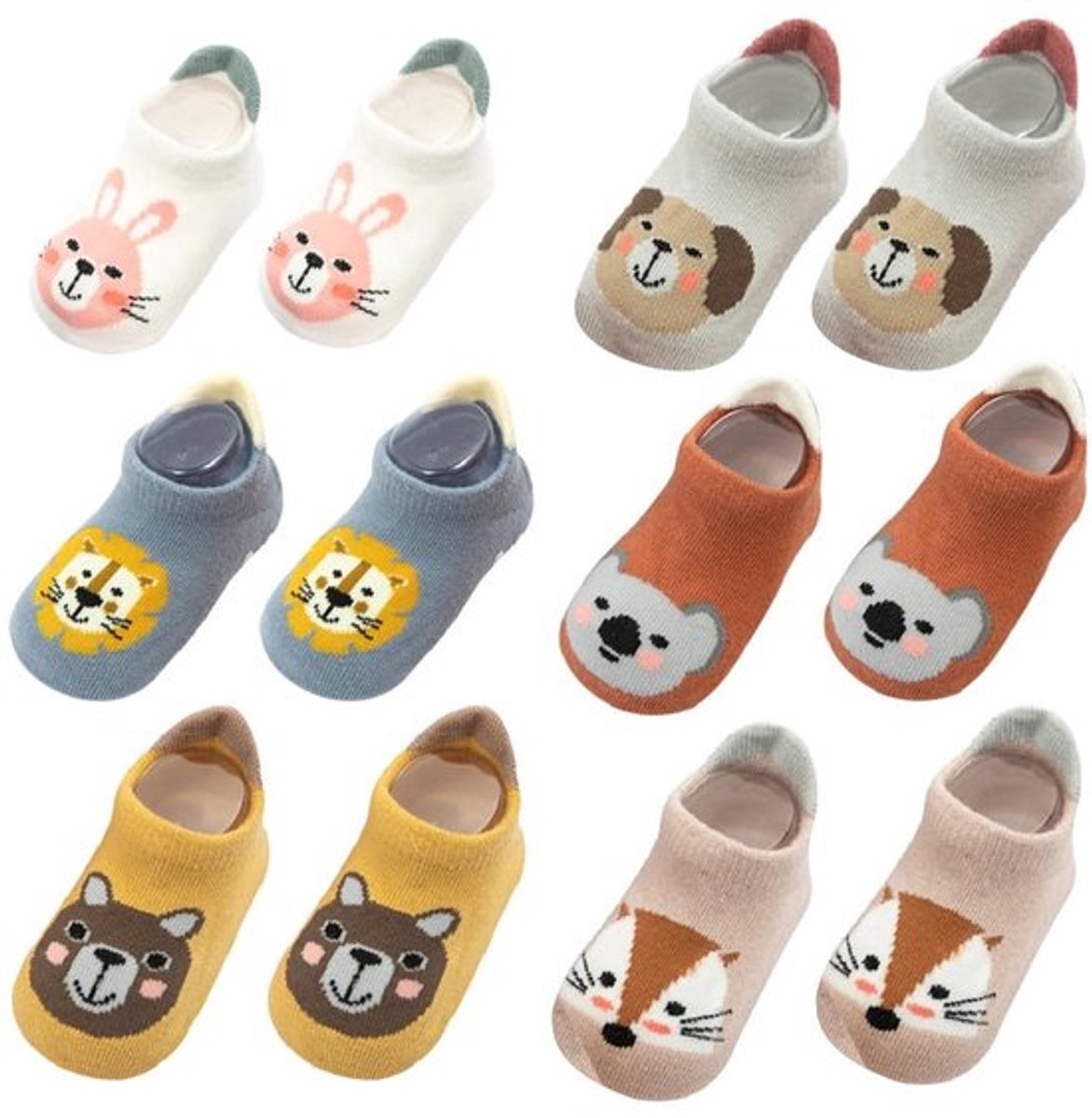 Antislipsokken 6 Paar - Antislip Sokken Kinderen - Sneakersokken - Dierenmotieven - Katoen - Maat M - Kindersokken