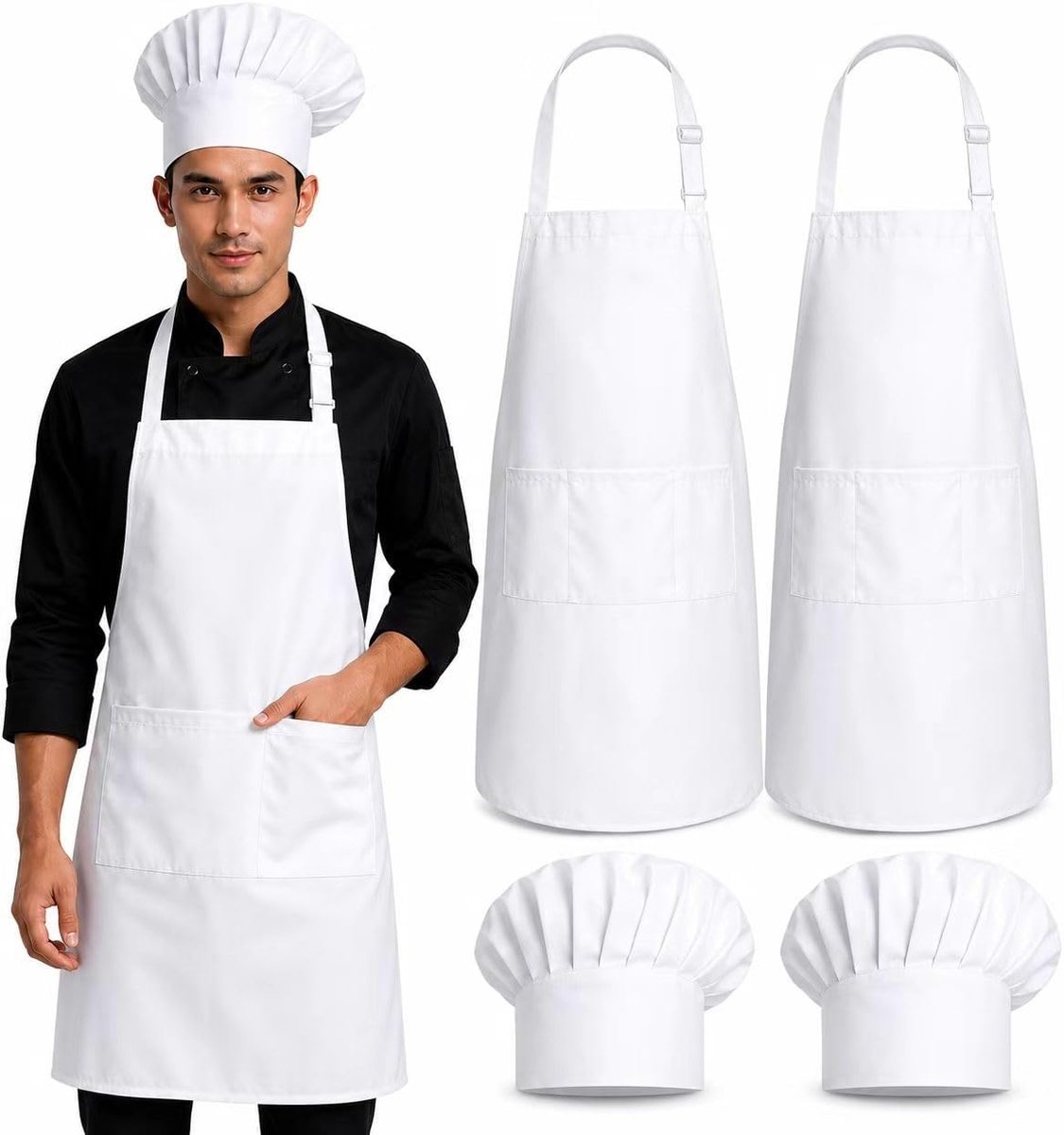 4 Pieces Kitchen Apron and Chef Hat, Cooking Aprons with Pocket, Long Apron for Men and Women - ShopVlot