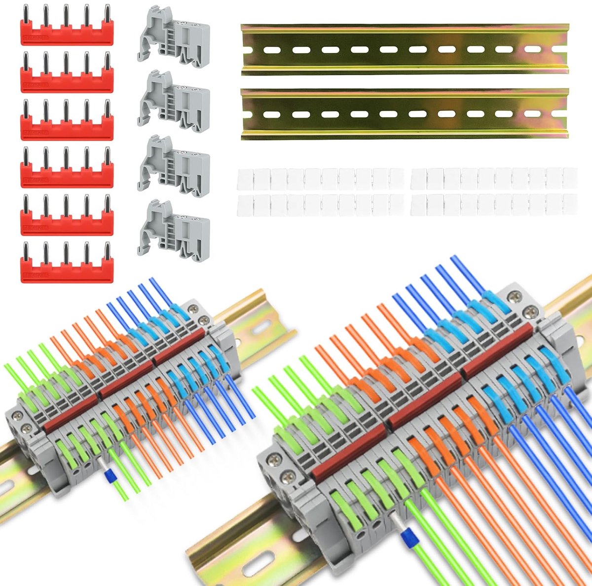 30pcs Compact Row Terminals DIN Rail Kit:0.08-2.5mm² DIN Rail Clamps Clamp Strip Kit with Empty Marking Strips - ShopVlot