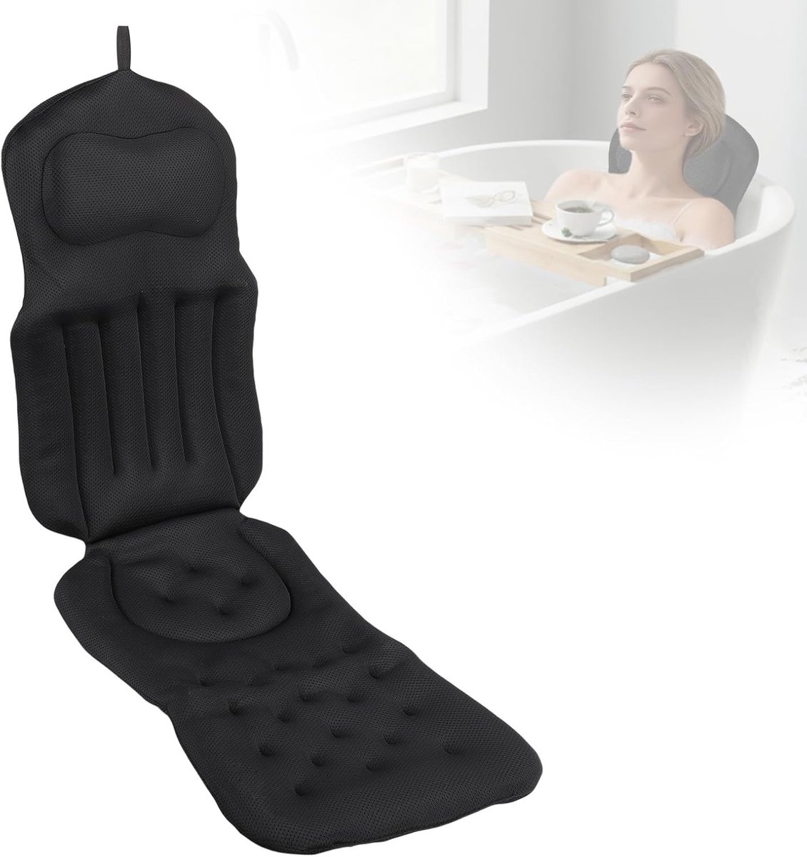 4D-badkussen, 130 x 38 cm, badmat, voor nek, rug en benen, waszakken inbegrepen (zwart) - ShopVlot