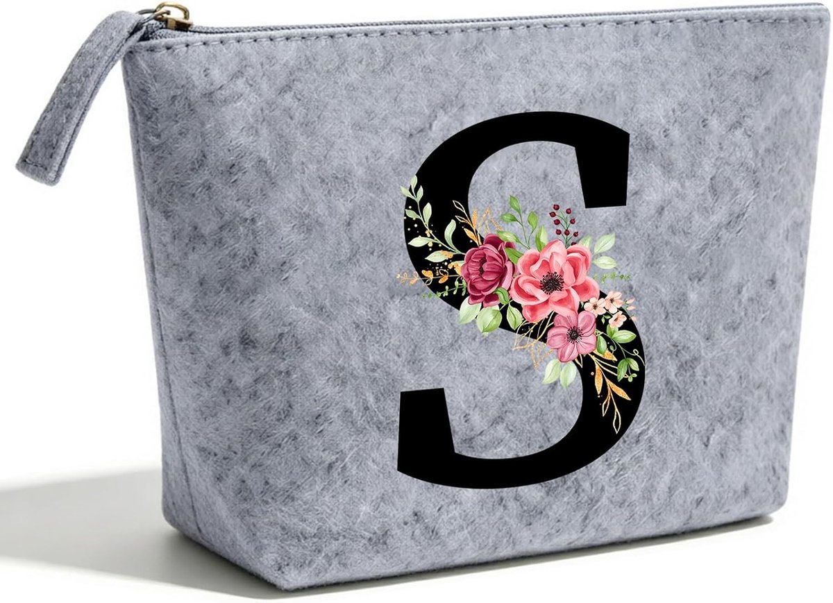 Gepersonaliseerde vilten make-uptas met letter en bloemen, make-uptas voor dames en meisjes, reismake-uptas van vilt - ShopVlot