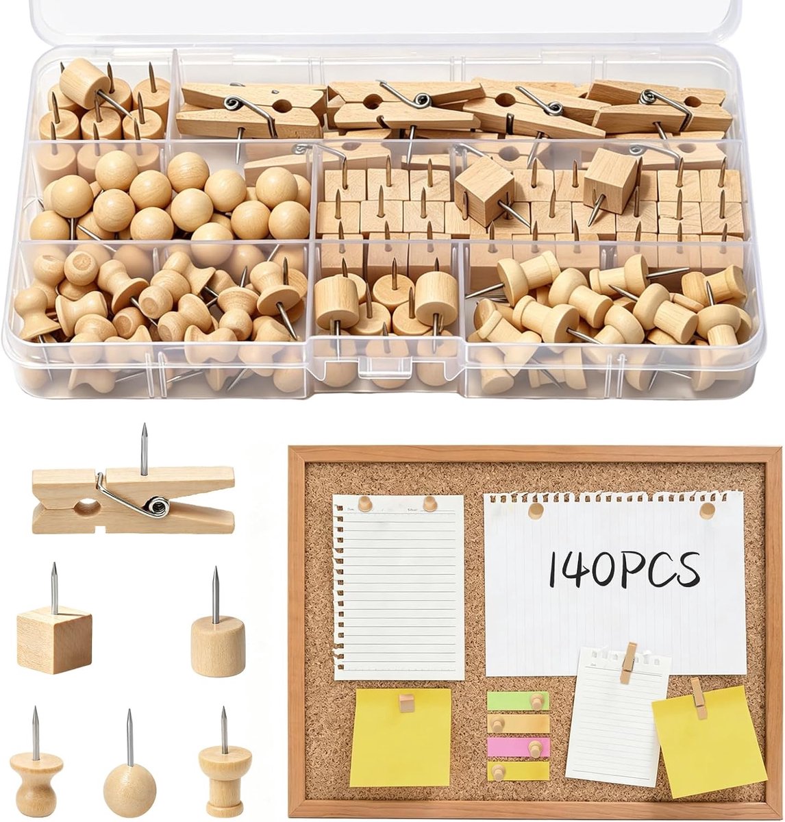 140 stuks houten punaises, 6 verschillende soorten punaises, hout, met kunststof doos, punaises met ronde kop - ShopVlot
